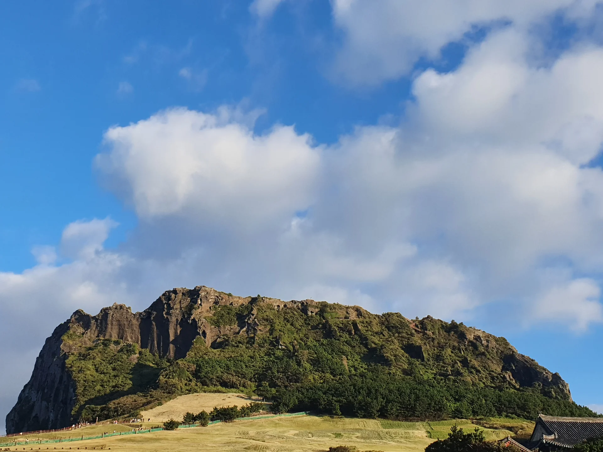 Set your phone against the majestic backdrop of Korea's mountain ranges. The Korean peninsula is nearly 70% mountainous, and these wallpapers celebrate that dramatic terrain — jagged granite peaks rising above the clouds, ancient fortress walls tracing ridgelines, and forest trails disappearing into autumn-colored valleys.

From the iconic rocky summits of Bukhansan in Seoul to the remote alpine meadows of Seoraksan, each image captures the scale and serenity of Korean mountain landscapes across all four seasons. Snow-dusted winter peaks, spring azalea blooms on hillsides, summer greenery, and fiery fall foliage are all here. Free download these aesthetic mountain wallpapers and carry Korea's highland grandeur in your pocket., Jeju Island, Seongsan — Free Korean aesthetic wallpaper