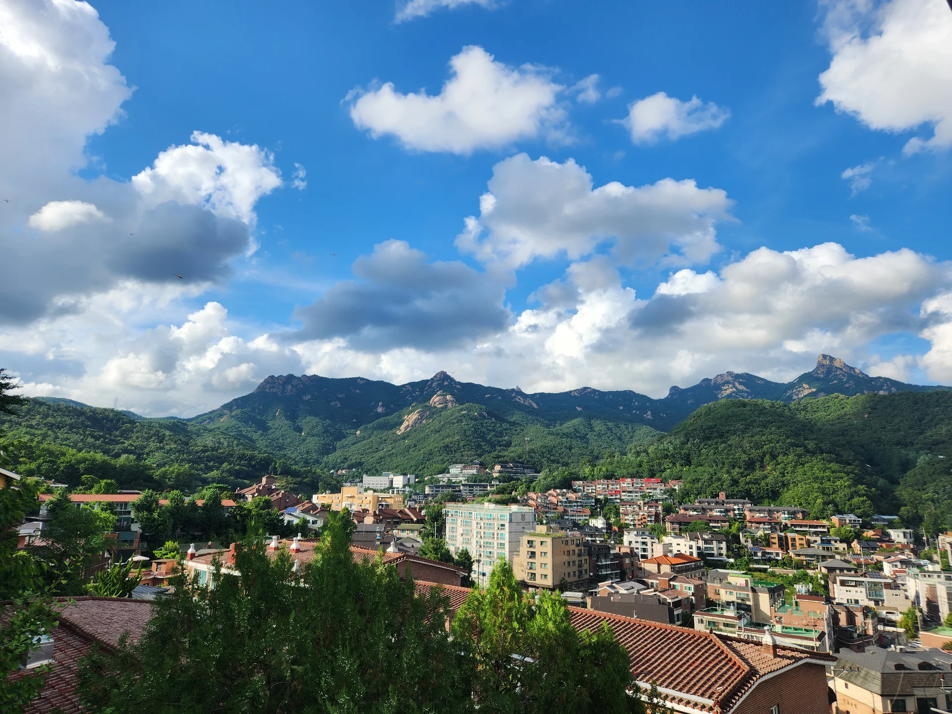 Experience the vibrant pulse of Korean city life through these dynamic street wallpapers. Bustling crosswalks in Myeongdong, colorful shop fronts in Hongdae, rain-slicked sidewalks reflecting neon signs, and everyday moments of commuters, street vendors, and cyclists moving through Seoul's urban rhythm — each image tells a story of a city constantly in motion.

Beyond Seoul, you'll find the charming streetscapes of Busan's hillside neighborhoods, the retro storefronts of Jeonju, and quiet residential lanes where laundry dries on balconies above parked scooters. These free Korean street wallpapers are perfect as an aesthetic phone background for anyone captivated by the raw energy and visual richness of Korean urban culture., Hongjimun-gil, Pyeongchang-dong, Seoul — Free Korean aesthetic wallpaper