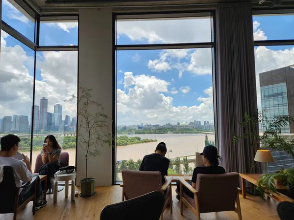 Korean cafe-culture & river & architecture aesthetic wallpaper for phone