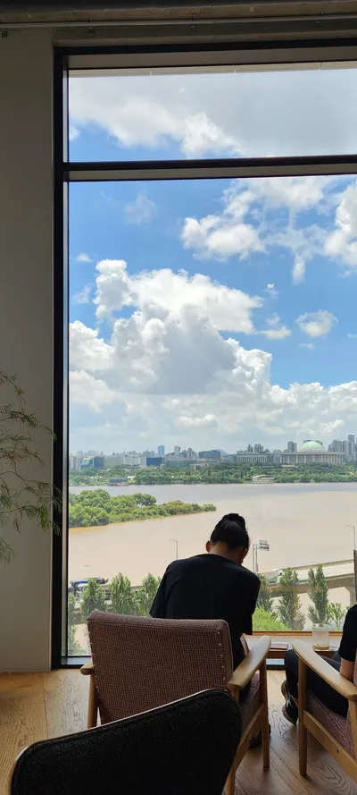 Korean cafe-culture & river & architecture aesthetic wallpaper for phone